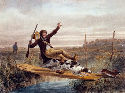 Zły krok. Myśliwy spada z mostka, popychany przez psy biegające na zająca. Rycina XIX wieku. Gien, Muzeum Łowiectwa autorstwa Unknown artist