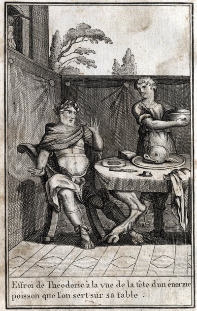 Teodoryk Wielki (ok. 454/455-526), król Gotów, przeraża się na widok głowy ogromnej ryby, która serwuje na jego stole. Grawer w redige „Beaute de l