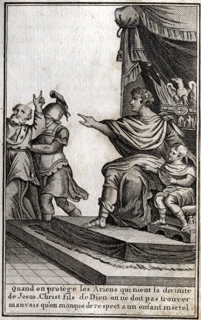 Theodosius I (Flavius Theodosius) (347-395), cesarz rzymski, kazał aresztować Amphiloque, eveque of Icone za brak szacunku dla jego syna, Arkadiusza (377-408). Eweque deklaruje: „Kiedy chronimy arian, którzy zaprzeczają boskości Jezusa Chrystusa, syna Boże autorstwa Unknown artist