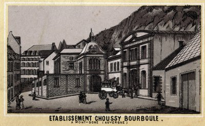 Zakłady termalne Choussy a Bourboule w masywie Monts Dore, w departamencie Puy-de-Dome w Owernii. Chromolitografia z końca XIX wieku. autorstwa Unknown artist