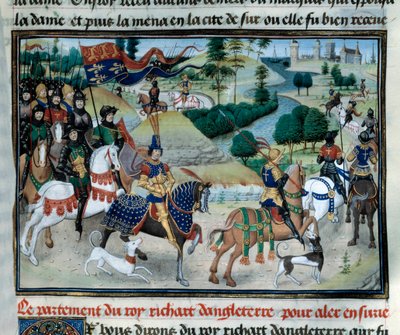 Trzecia krucjata: Ryszard Lwie Serce (lub Ryszard I z Anglii (1157-1199) popłynął w czerwcu 1191 do Ziemi Świętej z odlotu Cypru. Miniatura zaczerpnięta z „Kronik cesarzy” autorstwa Loyseta Liedeta (1420-1479) z XV wieku. Paryż, Biblioteka Arsenału autorstwa Unknown artist