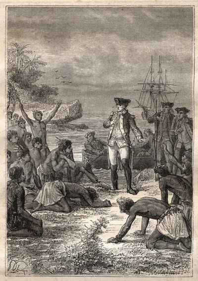 Trzecia podróż (1776-1779) kapitana Jamesa Cooka (1728-1779): Cook jest witany przez tubylców (Hawaje) - ilustracja zaczerpnięta z „Wielkich marynarzy XVIII wieku”” autorstwa Unknown artist