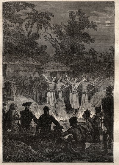 Trzecia podróż (1776-1779) kapitana Jamesa Cooka (1728-1779): uczta na wyspach Przyjaciół (Królestwo Tonga, Polinezja) - ilustracja zaczerpnięta z „Wielkich marynarzy XVIII wieku”” autorstwa Unknown artist