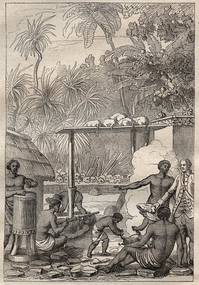 Trzecia wyprawa (1776-1779) kapitana Jamesa Cooka (1728-1779): ofiara z ludzi na Tahiti - ilustracja zaczerpnięta z „Wielkich marynarzy XVIII wieku”” autorstwa Unknown artist