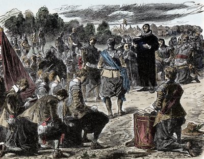 Wojna trzydziestoletnia: Szwedzi na modlitwie przed bitwą pod Luetzen - Wojna trzydziestoletnia (1618-1648): Król Szwecji Gustaw II Adolf (1594-1632) i jego wojska zbierają się na uroczystości religijne przed bitwą pod Lutzen (1632) autorstwa Unknown artist