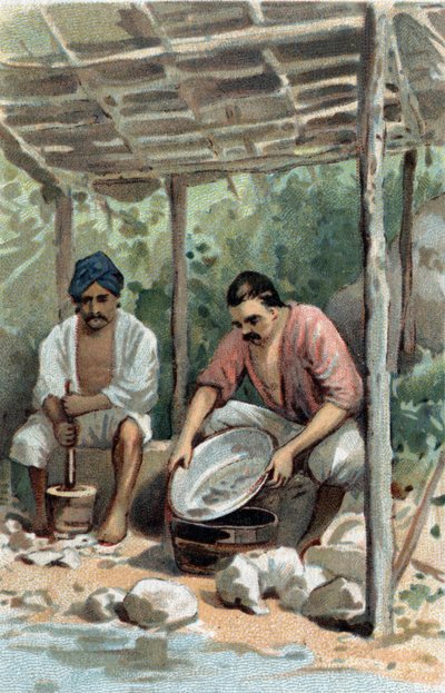 Płuczki do cyny w Malakce (Malakka), Malezja. Chromolitografia z końca XIX wieku. autorstwa Unknown artist