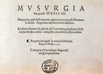 Strona tytułowa praktycznego podręcznika muzyki Musurgii (1536) autorstwa Unknown artist