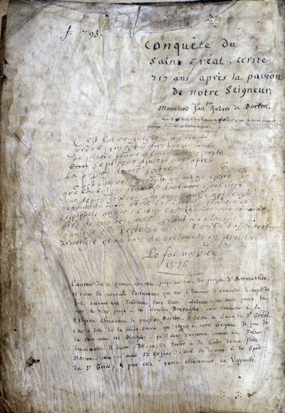 Strona tytułowa rękopisu: Conquest of the Saint Gréal, napisany 717 lat po męce naszego Pana. Bibliotheque Municipale de Rennes, ms. 255 (Zbiór powieści Okrągłego Stołu); Paryż autorstwa Unknown artist