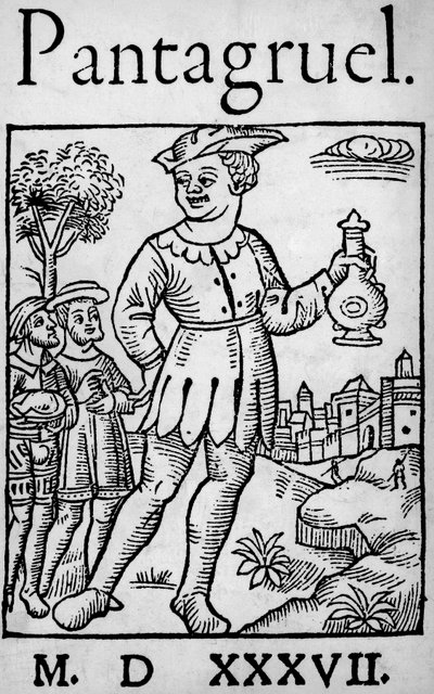 Strona tytułowa wydania Pantagruela z 1537 r., autorstwa Francois Rabelais - Olbrzymi Pantagruel i dwóch jego apostołów, z „Uczniostwa Pantagruela” autorstwa Unknown artist