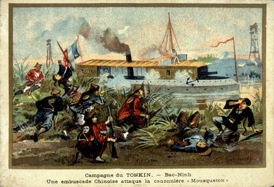 Kampania Tonkińska: w Bac-Ninh chińska zasadzka atakuje kanonierkę „Karabiner” – chromo., koniec XIX wieku autorstwa Unknown artist