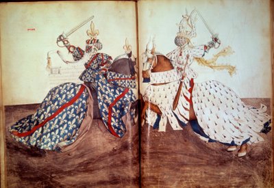 Turniej: Gra w lorda wzywającego i lorda pozwanego (twarz księcia Bretanii i księcia Burbonu). Rękopis „”Księga turniejów”” (Folio 32v - folio33) autorstwa Rene d
