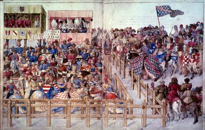 Turniej: Wirujący rycerze składają przysięgę w zawodach przed trybunami panów. Miniatura w „Traite desturniejs”” autorstwa Unknown artist