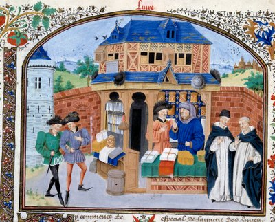 Handel: sklep kupiecki. Miniatura z rękopisu „Komentarz do etyki” greckiego filozofa Arystotelesa (383-322 p.n.e.) w przekładzie Nicolasa Oresme (1325-1382) autorstwa Unknown artist