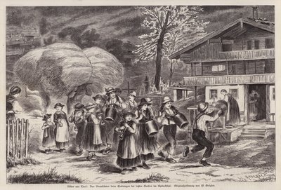 Tradycyjne bicie w dzwony z okazji zakończenia żniw w Alpbachtal, Tyrol, Austria (rycina) autorstwa Unknown artist