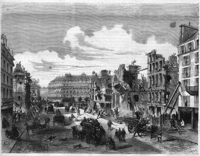 Przemiany Paryża w okresie II Cesarstwa, Paris Haussmann (Boulevard, prace Haussmanna): rozbiórka Rue de la Paix w celu otwarcia Rue Reaumur. Grawerowanie w „”Wspaniałym wszechświecie”” autorstwa Unknown artist