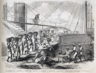 Transport węgla na pokładzie statków parowych w Kingston (Jamajka) - Załadunek węgla w Kingston - Jamajka - 1866 Grawerowanie z „” The Illustrous Universe”” 1866 autorstwa Unknown artist