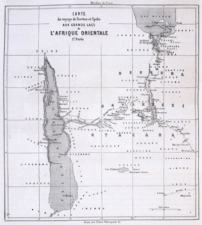 Mapa podróży Richarda Francisa Burtona, brytyjskiego odkrywcy (1821-1890) i Speke do Wielkich Jezior Afryki Wschodniej 1857-59 - w Tour du Monde autorstwa Unknown artist
