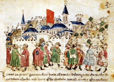 Do Rzymu przybywają wędrowni pielgrzymi. 14 wiek. Kroniki Sercambi. Lukka, Archiwa Państwowe. autorstwa Unknown artist