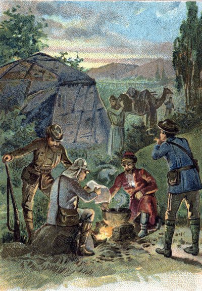Wycieczka do Tybetu księcia Henryka Orleańskiego i Gabriela Bonvalota w 1889 r. Chromolitografia Liebiga z XIX wieku autorstwa Unknown artist