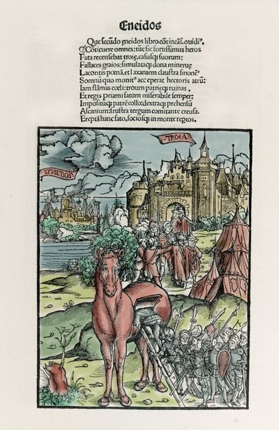 Trojan: greccy wojownicy opuszczają konia po przekroczeniu murów miejskich. Eneida. Ksylografia Sebastiana Branta. Strasburg autorstwa Unknown artist