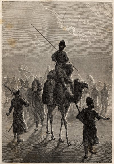 Więźniowie tureccy wywiezieni do Teheranu w celu handlu urazami lub wymiany na innych więźniów. Rycina ilustrująca historię Henri de Blocqueville „14 mois de captivite chez les turcomans” w latach 1860-1861 w „Le tour du mo autorstwa Unknown artist
