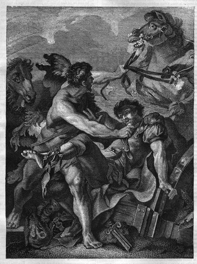 Dwanaście dzieł Herkulesa: Diomede zabija Herkulesa i zjada własne konie. grawerowanie po obrazie Jean-Baptiste-Marie (Jean Baptiste Marie) Peter. (1714-1789) autorstwa Unknown artist