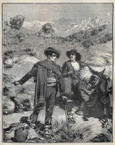Dwóch chłopów z Sierra Almagrera w Hiszpanii odkryło w 1838 r. złoże srebra Jaroso. Rycina z 1885 r. w „Les arts et metiers illustres” Adolphe BITARD. autorstwa Unknown artist