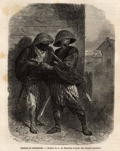 Dwóch roninów (samuraj po stracie swojego pana) stojących w zasadzce. Rycina ilustrująca podróż do Japonii w latach 1863-1864, autorstwa Aime Humberta, ministra Konfederacji Szwajcarskiej, w „Le tour du monde, nouveau journal des voyages”” wydanej na podst autorstwa Unknown artist