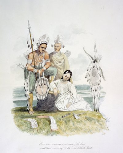 Dwóch wojowników i kobieta z Sacs i Foxes opłakują grobowiec Black Hawk, ok. 1843-50 (akwarela) autorstwa Unknown artist