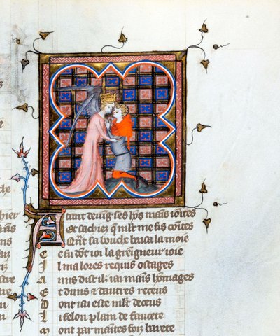 ""Anioł w koronie obejmujący mężczyznę"" Podświetlana strona z rękopisu "Le Roman de la Rose" Guillaume de Lorris (około 1200-1238) i Jean de Meun (Meung) (1240-1305) około 1353 Szwajcaria Library z Genewy autorstwa Unknown artist