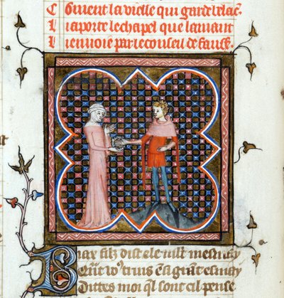 ""Młody mężczyzna i stara kobieta"" Podświetlana strona z rękopisu "Le Roman de la Rose" Guillaume de Lorris (około 1200-1238) i Jean de Meun (Meung) (1240-1305) około 1353 Szwajcaria Biblioteka Genewska autorstwa Unknown artist