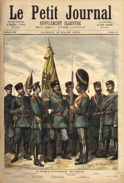 Mundury piechoty rosyjskiej, sprzymierzonej z Francją, od lewej do prawej: pogranicznik, sierżant major gwardii, pułk Pawłowskiego, oficer, przełożony, grenadier pałacowy, mundur artyleryjski i żołnierz. Grawerowanie autorstwa Unknown artist