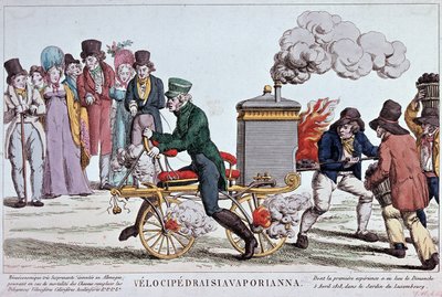 Velocipedraisiavaporianna: welocyped parowy - rycina ok. 1818, Bibl. miasta Paryża. autorstwa Unknown artist