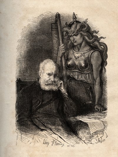 Victor Hugo siedzący z boginią wojny – rycina z „Straszny rok” („Straszny rok”), seria wierszy, które opowiadają o Oblężeniu i traumie utraty tak – Victora Hugo, haante par la bogini grawerunek de la guerre w „” L