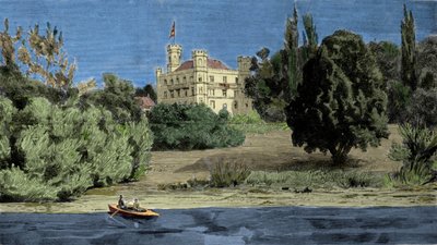 Widok na zamek Berg i jezioro Stamberg, gdzie znaleziono ciało Ludwika II Baviere (Ludwig II von Bayern lub Ludwig Otto Frederik Wilhelm von Wittelsbach (1845-1886)). autorstwa Unknown artist