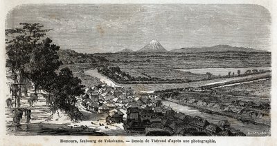 Widok Homoura, przedmieście Jokohamy, z górą Fuji w tle. Rycina ilustrująca podróż do Japonii w latach 1863-1864, autorstwa Aime Humberta, ministra Konfederacji Szwajcarskiej, w „Le tour du monde, nouveau journal des voyages”, wydanej pod autorstwa Unknown artist