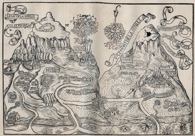 Widok na górę Sybille (Raj królowej Sybilli) (Podwójna mapa Góry Piłata i Góry Sybilli) - Antoine de La Sale (La Salle) Francuski pisarz satyryczny z XV wieku. autorstwa Unknown artist
