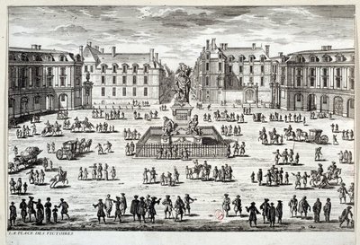 Widok na Place des Victoires w Paryżu z posągiem Ludwika XIV wzniesionym przez marszałka de la Feuillade w 1686 roku. Rycina Paryża z XVII wieku, Musee Carnavalet autorstwa Unknown artist