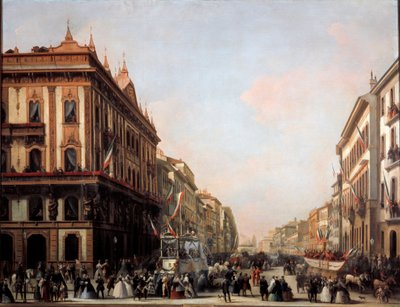 Widok ulicy Venezia z pływakiem karnawałowym, Mediolan (obraz autorstwa Unknown artist