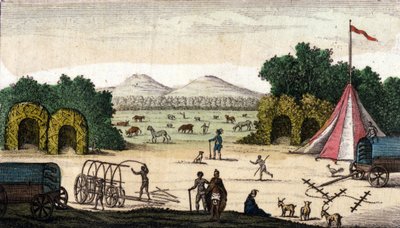Widok na obóz holenderski (od Pioneers Boers lub Voortrekkers, Afrikaners) w Pampoen Kraal (Pampoen-Kraal), Prowincja Przylądkowa, Republika Południowej Afryki. 1860 autorstwa Unknown artist