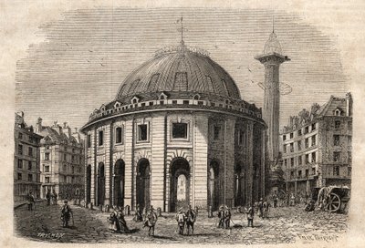 Widok halle au ble w Paryżu (zbudowany w latach 1763-1769) i kolumny Medyceuszy, rycina pocz. XIX w. - giełda pszenicy i zboża w Paryżu (zbudowana w latach 1763-1769), rycina pocz. XIX w. - Vue de la Halle au ble, umieszczone na obecnym Hotelu de Soisso autorstwa Unknown artist