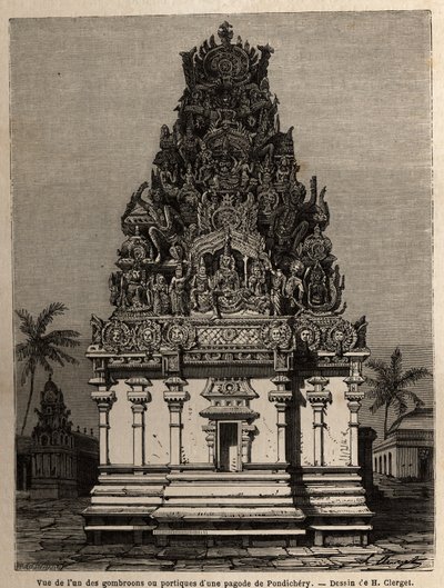 Widok jednego z gombrooonów lub portyków pagody pondichery (Pondicherry) (Indie). Grawer ilustrujący wyprawę do pagody Chillambaran (cote Coromandel), w latach 1838-1844, kontradmirała Parisa, dyrektora depot des cartes autorstwa Unknown artist