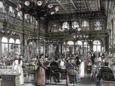 Widok jednej z restauracji (bulion), tania jadłodajnia robotnicza, założona przez Alexandre Duval w Paryżu 1880 - 1885. XIX wiek (grawerunek) autorstwa Unknown artist