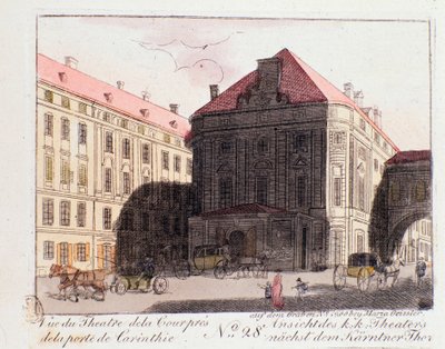 Widok Teatru Dworskiego w pobliżu Bramy Karyntii (Karntnertortheater lub Theater am Karntnertor) w Wiedniu, gdzie IX Symfonia Beethovena była po raz pierwszy reprezentowana w dniu 07.05.1824. Austria. Grawer z 1815 r. Kolekcja prywatna autorstwa Unknown artist