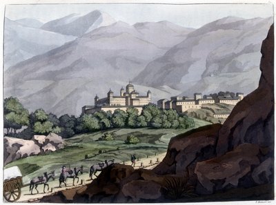 Widok na Escorial (Escorial), pałac i klasztor Hiszpanii, zbudowany za Filipa II w latach 1563-1584. Litografia z XIX wieku. autorstwa Unknown artist