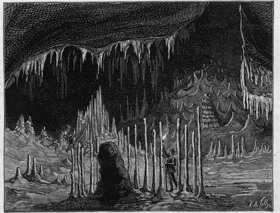 Widok „Sali Kościoła”” w jaskini Dargilan (Lozere). Grawer w „” La Nature. Revue des sciences et de ses applications aux arts et a l