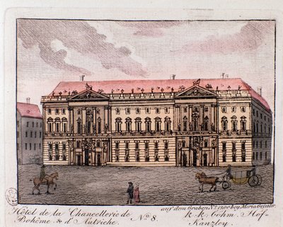 Widok na Hotel Kancelarii Cyganerii i Austrii w Wiedniu, Austria. Grawer z 1815 r. Kolekcja prywatna autorstwa Unknown artist