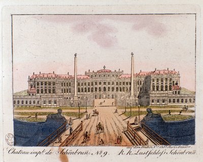 Widok na zamek cesarski Schonbrunn (Schonbrun) (XVI-XVII w.) w pobliżu Wiednia, Austria Grawerowanie z 1815 r. Kolekcja prywatna autorstwa Unknown artist