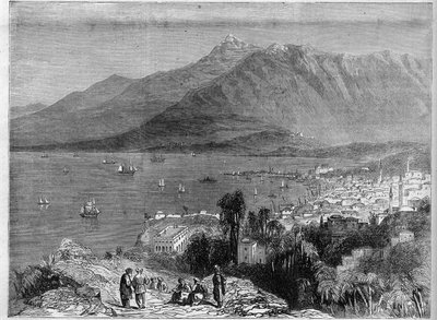 Widok na port w Bejrucie i góry Libanu. Grawerowanie w „”Wspaniałym wszechświecie”” autorstwa Unknown artist