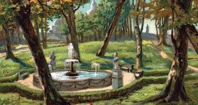 Widok Ogrodów Watykańskich, Rzym, Włochy (View of the Vatican City Gardens, Italy) Chromolitografia z lat 30. XX w. Kolekcja prywatna autorstwa Unknown Artist